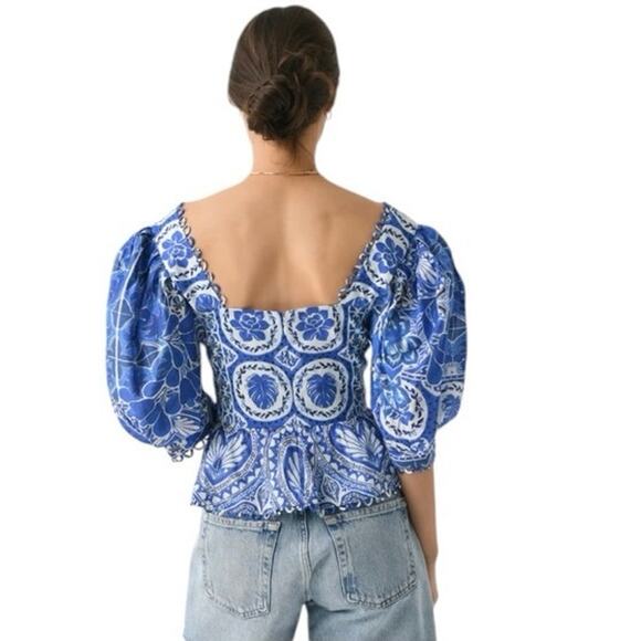 FARM RIO Women's Tile Dream Multicolor Short Puff Sleeve Peplum Blouse - Picture 2 of 6